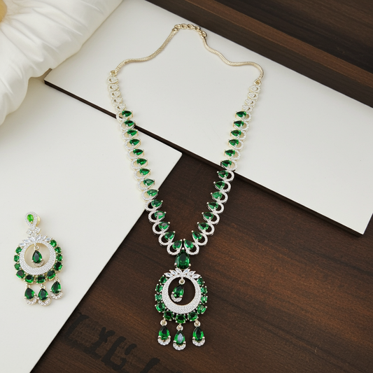 American Diamond Green Stone Necklace Set for Women – Elegant Design by OLYVRA