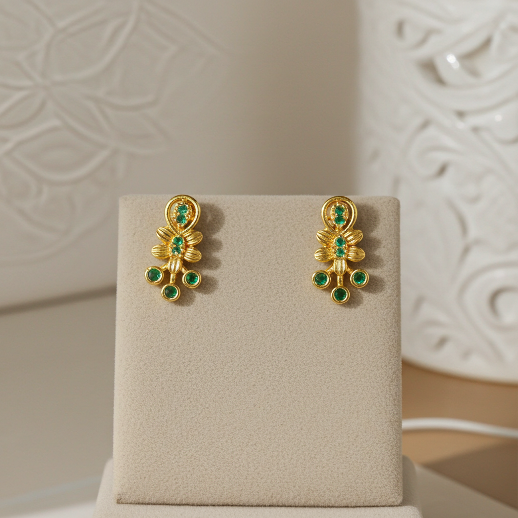 Antique Gold-Plated Green Stone Drop Earrings