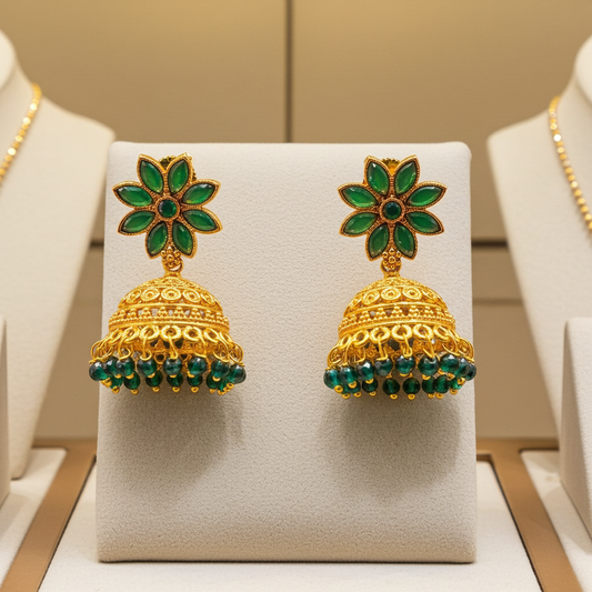 Green Stone Floral Jhumka Earrings – Gold Plated Olyvra