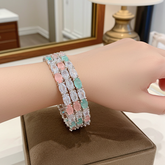 Dual-Tone Pink & Green AD Stone Bangles – Silver Finish (Set of 4)