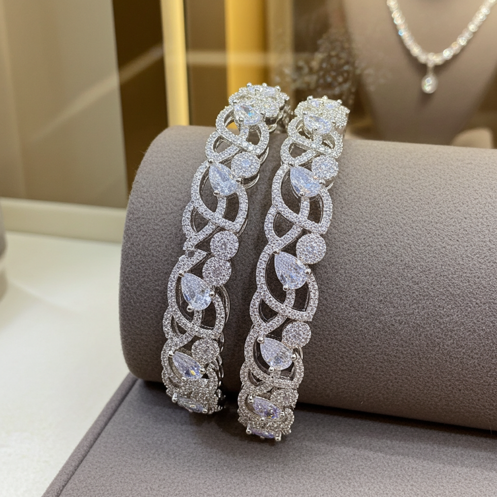 Elegant AD Stone Bangles – Silver Finish|  Olyvra