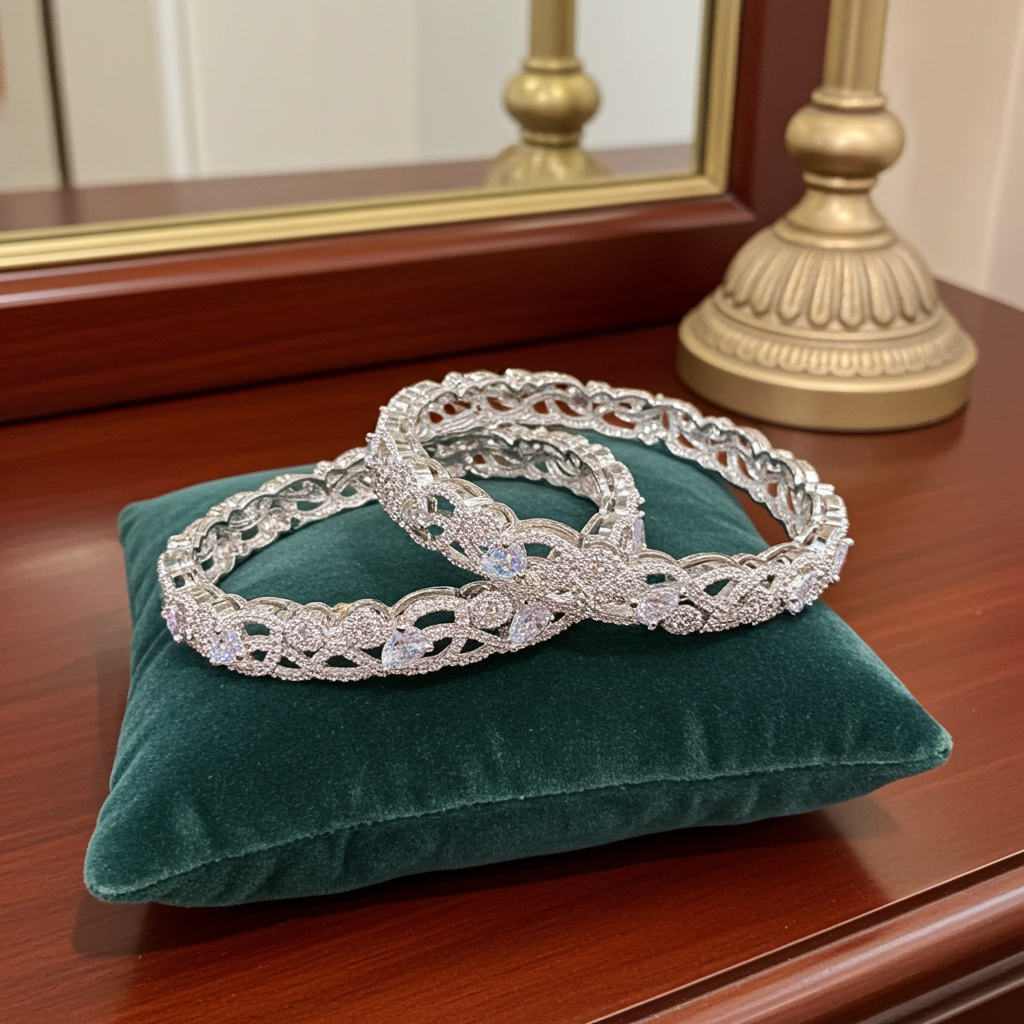 Elegant AD Stone Bangles – Silver Finish|  Olyvra