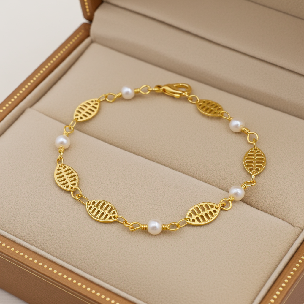 Elegant Gold-Plated Leaf &amp; Pearl Bracelet –6 Inch