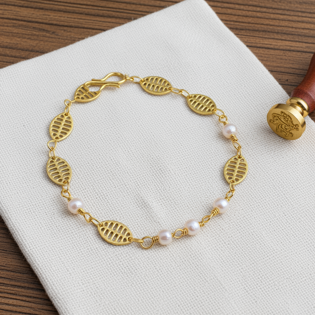 Elegant Gold-Plated Leaf &amp; Pearl Bracelet –6 Inch