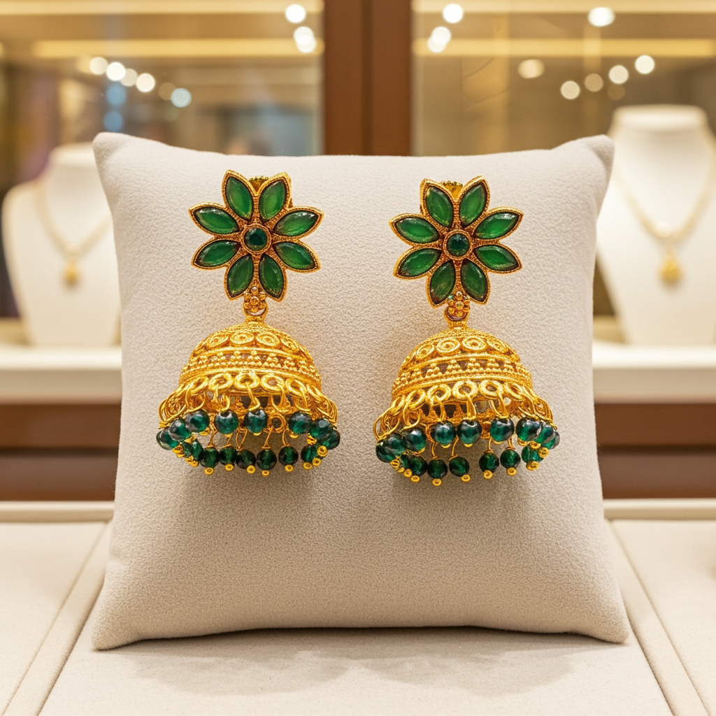 Green Stone Floral Jhumka Earrings – Gold Plated Olyvra
