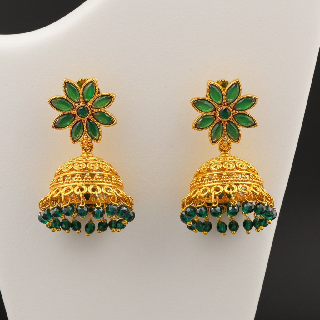 Green Stone Floral Jhumka Earrings – Gold Plated Olyvra