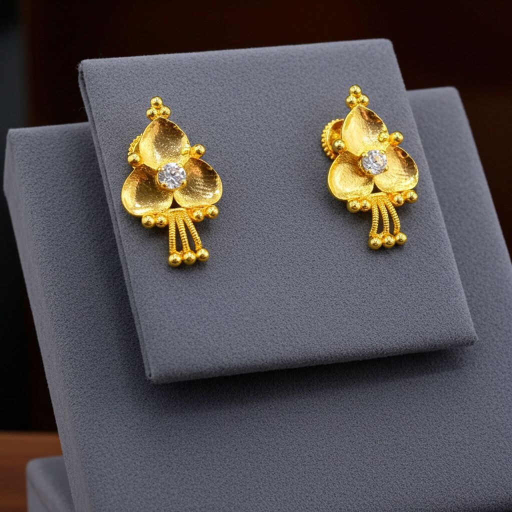 Gold-Plated AD Stud Earrings – Elegant Floral Design