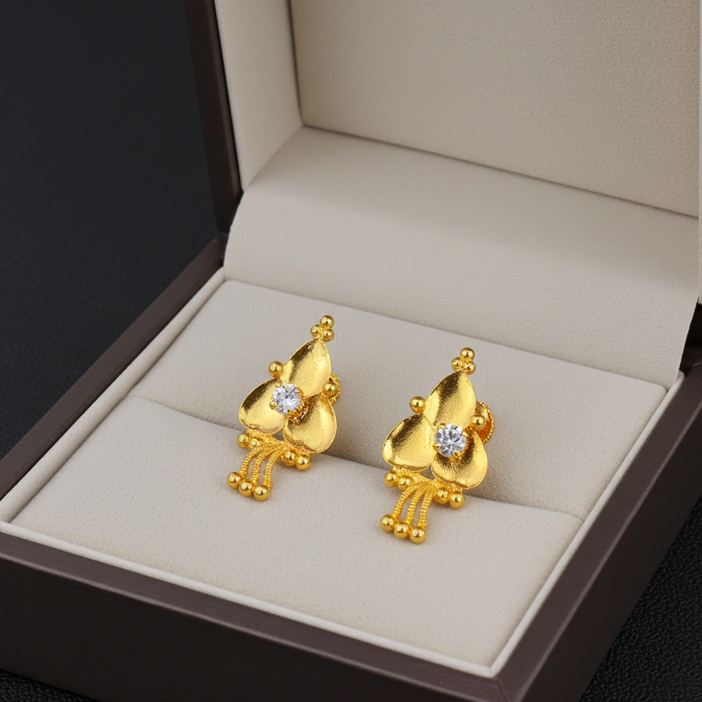 Gold-Plated AD Stud Earrings – Elegant Floral Design
